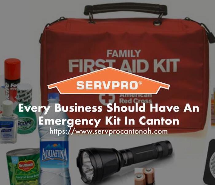 Orange SERVPRO  house logo on image with Emergency Kit and First Aid Kit in background