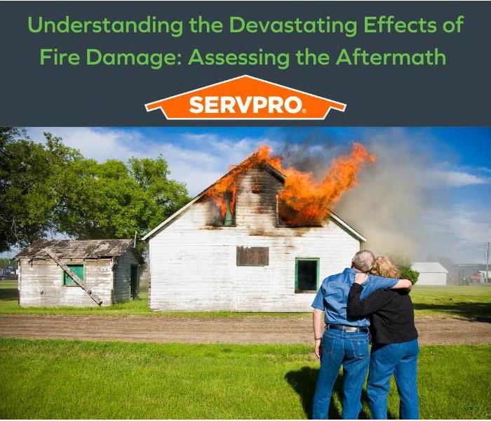 IMage of house on fire with couple leaning on each other, with grey text box of title and servpro logo