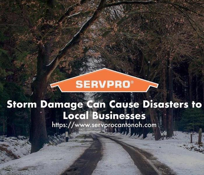 Orange SERVPRO  house logo on image with trees and snow. 